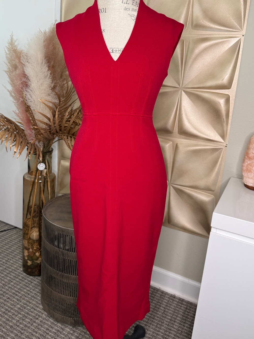 Anthropologie Red V-Neck Midi Sheath Dress
